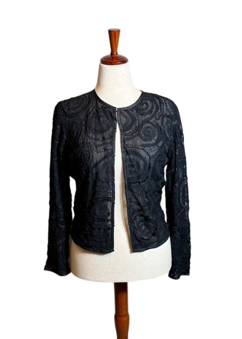 Chico's jacket black semi-sheer mesh silk lace beaded swirl pattern Sz 0 US S